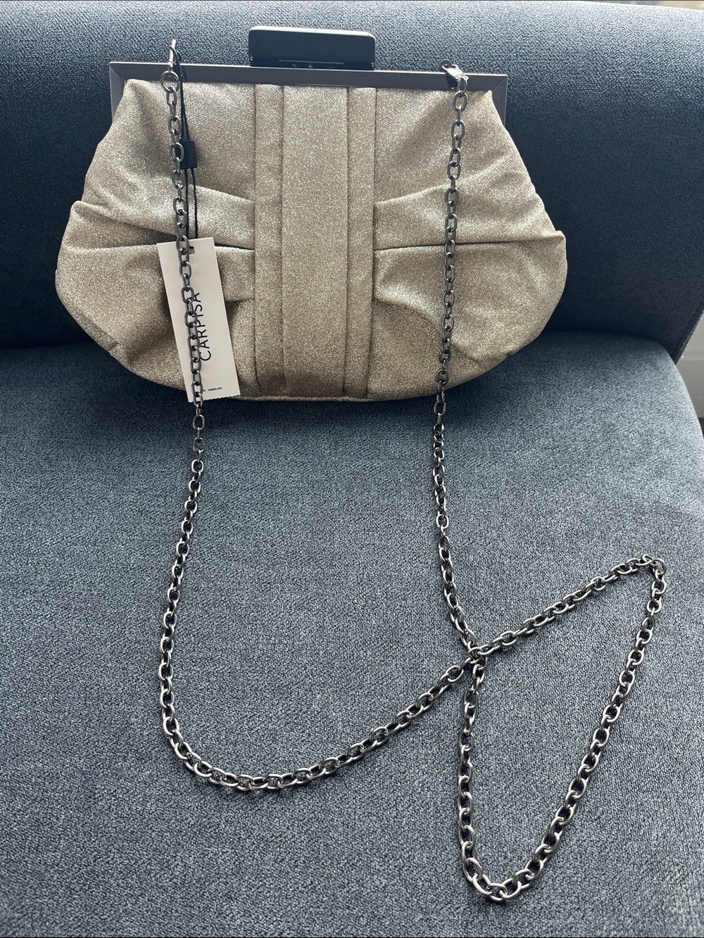 Gold Pleated Evening Clutch with Gunmetal Chain